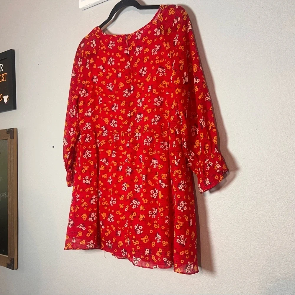 Free People Babydoll Mini Dress Red Floral Long Sleeve Lined Size 4